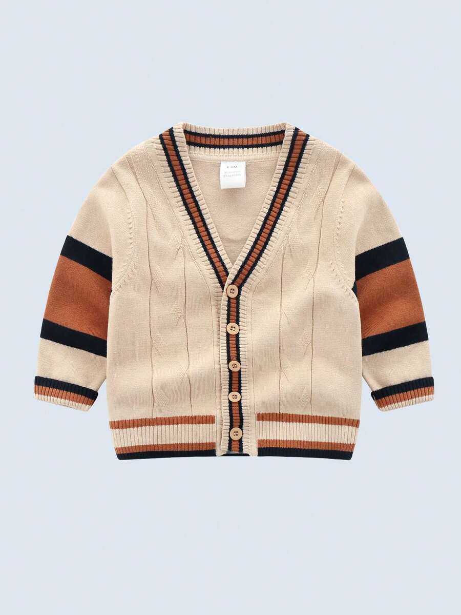 BOARNSEORL Boys' Khaki Contrast Stripe Button-Front Cardigan, Fashionable And Versatile For Outings, School, Travel, Spring/Autumn - Khaki - View 1