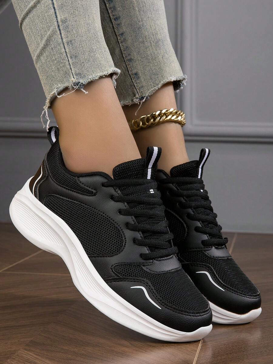 女士防水皮革防滑休闲运动鞋，黑色轻便运动舒适户外步行鞋 - 黑色 - 查看 1