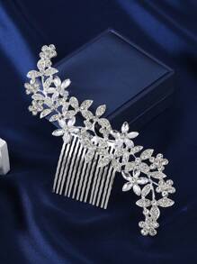 1 件水钻花朵新娘发梳，实心金属发饰，适合优雅的婚礼盘发，坚固奢华的设计，情人节配饰