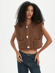 Women's Solid Color Knitted Pocket Decor Thick Knit Vest - Coffee Brown - View 5
