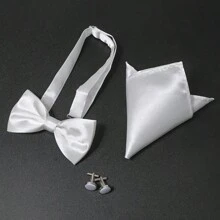 3pcs Set, Men's Pocket Square, Bow Tie And Cufflinks, Suitable For Men's Wedding, Birthday Gift - White - View 2