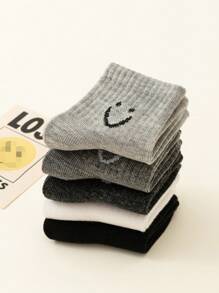 20 pares Calcetines cortos para niños, sólidos en negro, gris, blanco, con estampado de caras para niños y niñas, calcetines ligeros para el tobillo para primavera y verano, para la escuela/diario/deportes