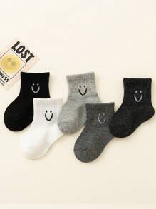 20 pares Calcetines cortos para niños, sólidos en negro, gris, blanco, con estampado de caras para niños y niñas, calcetines ligeros para el tobillo para primavera y verano, para la escuela/diario/deportes