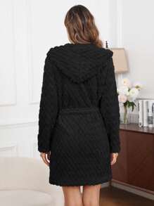 Plush Hooded Robe With Belt, Casual Loungewear, Cross-Border E-Commerce, For Fall Winter, Cozy Outfit, Fluffy