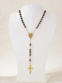 1pc 6mm Gold & Black Virgin Mary Stainless Steel Rosary Necklace, European & American Style Cross Pendant, Suitable For Couples Everyday Wear