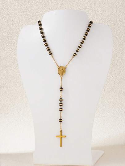 1 pieza Collar de Virgen María de acero inoxidable de 6 mm de color dorado y negro, colgante con cruz, joyería de moda para parejas, uso diario