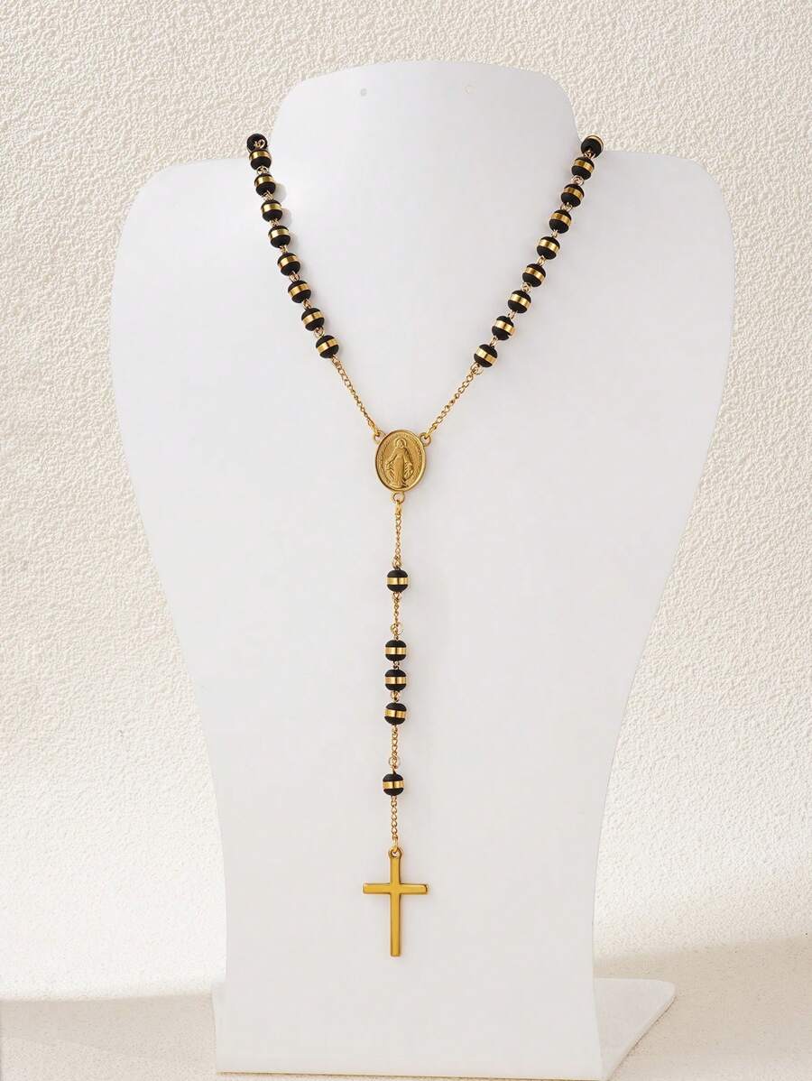1pc 6mm Gold & Black Virgin Mary Stainless Steel Rosary Necklace, European & American Style Cross Pendant, Suitable For Couples Everyday Wear
