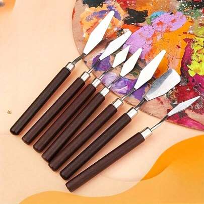 7pcs/Set Stainless Steel Palette Knife, Art Scraper, Painting Set Oil Paint Decorating Tools Wooden Handle Student Artist Halloween Best Essentials Back To School,Back To School,School Supplies