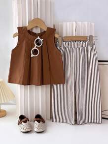 2pcs Young Girls Casual Striped Tank Top And Pants Set, Summer