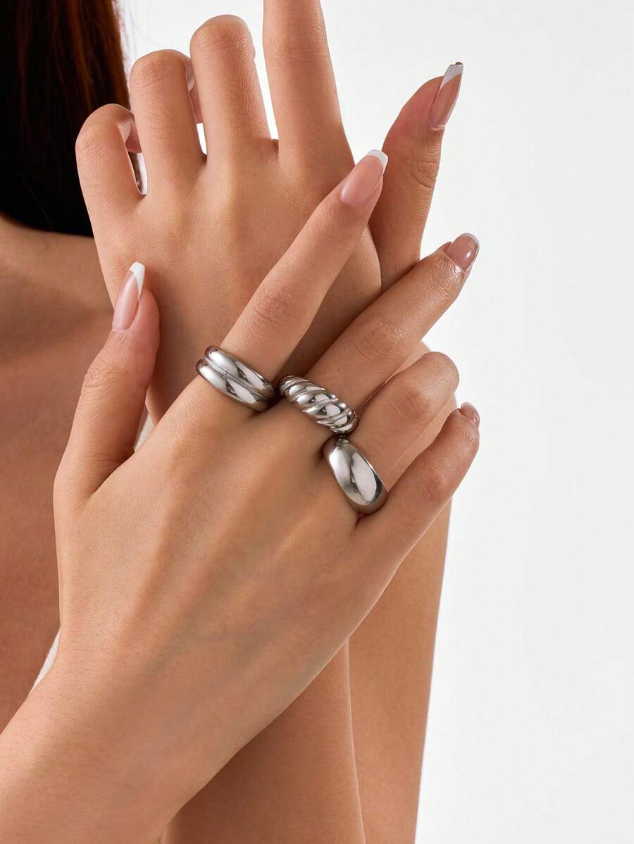 3pcs Stainless Steel Golden Yellow, Stylish And Simple, 3 Different Shapes Of Cast Ring Sets, Suitable For Daily Wear Or Gift Giving - Silver - View 1