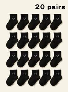 20 pares Calcetines cortos para niños, sólidos en negro, gris, blanco, con estampado de caras para niños y niñas, calcetines ligeros para el tobillo para primavera y verano, para la escuela/diario/deportes