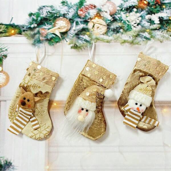 Set de 3 calcetines navideños clásicos para decoración, que incluye Papá Noel, muñeco de nieve y reno, de poliéster para colgar en la chimenea, adecuado para reuniones familiares, decoración navideña del hogar, sin plumas, tema navideño y festivo en general.