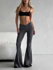 High Waist V-Neck Fitted Casual Stretch Flared Pants - Grey - View 5