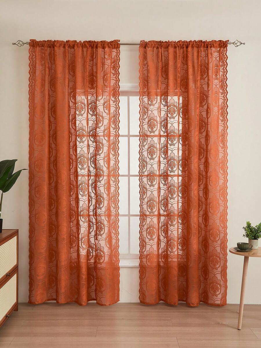 1pc Luxury Solid Color Lace Curtain Sheer Window Decoration - Orange - View 1