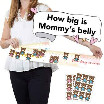 1 套婴儿淋浴婴儿撞击游戏，包括 12 张熊卡 + 1 卷尺，测量妈妈的肚子以用于性别揭晓派对用品，有趣的互动游戏，性别揭晓派对装饰品，创意小礼物婴儿淋浴家庭装饰品礼物