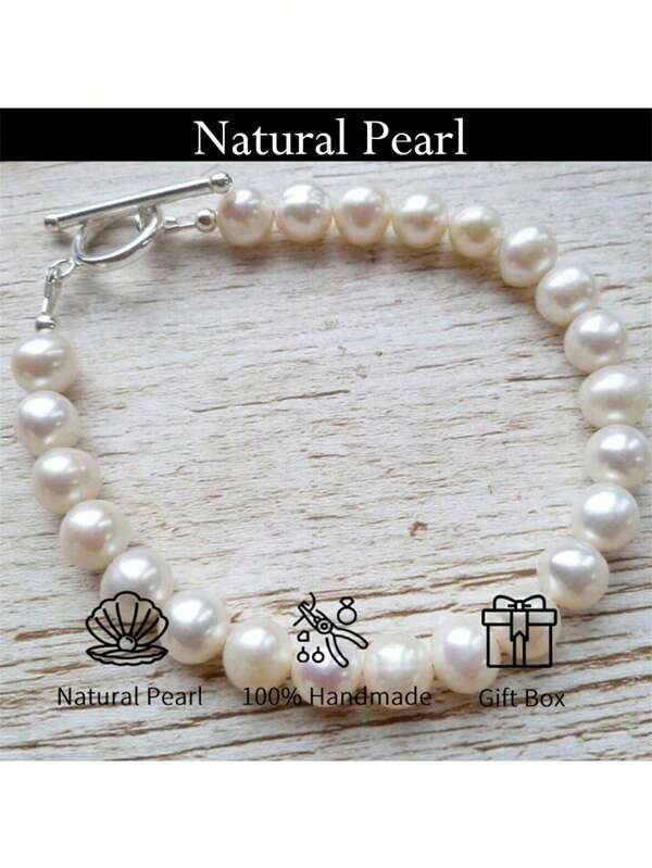 MYSOYA Bracelet en fausses perles d'eau douce naturelles 100% fait main, perles factices de 6 mm, avec boîte cadeau, cadeau pour lui/elle, convient pour le port quotidien/anniversaire/mariage/Saint-Valentin/Nouvel An