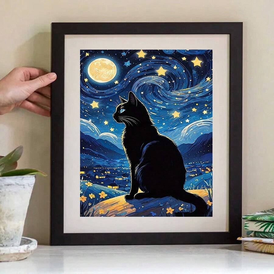 Bộ tranh đính đá 5D tự làm hình mèo đêm đầy sao, tranh trang trí tường bằng vải canvas đính kim cương tròn, bộ quà tặng thủ công 11,81x15,75 inch không có khung - Nhiều màu - Xem 1