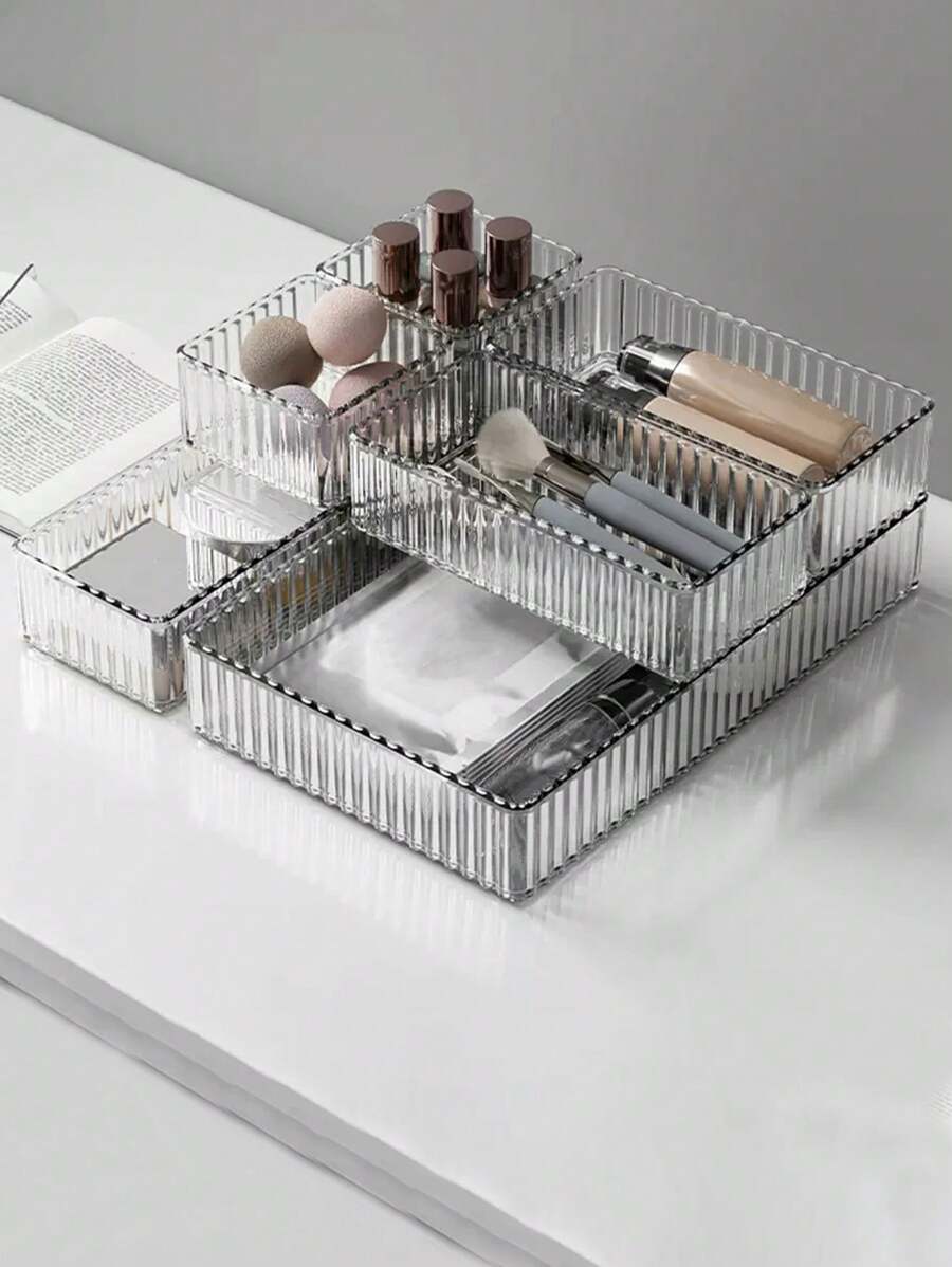 2/5/6/10pcs/Set Simple Transparent Makeup Organizer Drawers Storage Boxes, Eyeshadow Brush Holders, Cosmetic Storage Trays, Perfume Organizers, Makeup Brush Holders, Nail Polish & Beauty Products Organizer Rack,For Holiday Beach, Bathroom Collection, Bedroom Collection, Large Capacity - Water Stripes Transparent - View 1