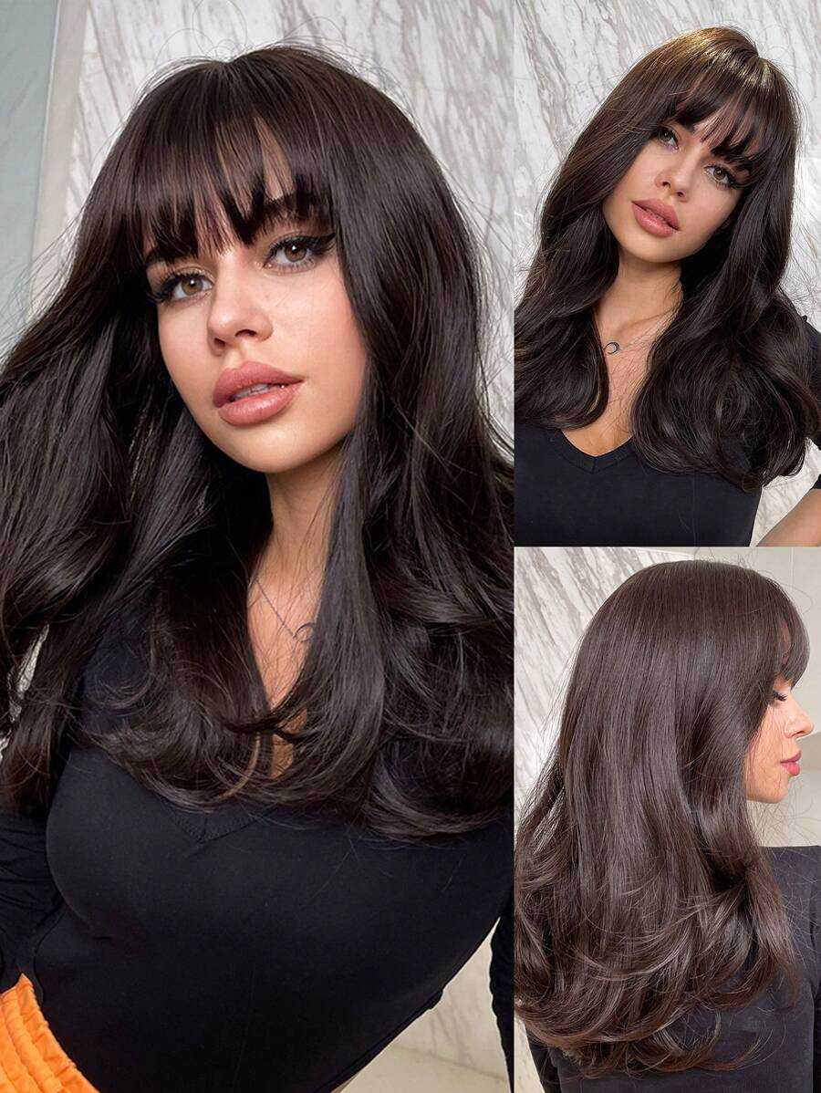 20in Dark Brown Butterfly Haircut Long Straight Wigs Parties Suitable For All Seasons Synthetic Fiber Hair Wigs Hair Replacement Wigs For Women Girls Halloween Festivals Gifts - 棕色 - 查看 1