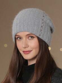 1pc Women's Thick Knit Double Layer Faux Pearl Beanie Hat Warm Ear Muff Cap, Winter