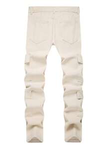 Men's Casual Loose Fit Straight Leg Jeans With Multiple Pockets, Fashion Workwear Streetwear - Beige - View 2