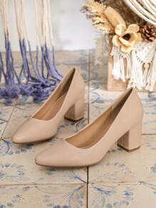 Ladies' Fashionable Versatile Pointed Toe Chunky Heel Comfortable Non-Slip Breathable High Heels, Elegant, Women Pumps, Elegant, Party Outfits - Apricot - View 6