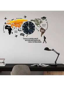 Modern World Map Wall Clock Continental Plates Of The Earth Home Bedroom Decor Wall Stickers Wall Clock, Reloj Pared, Wan - 黑色 - 查看 5