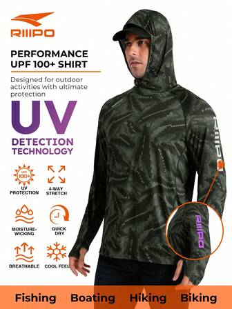 RIIIPO Men's UPF 100+ Performance Outdoor Sun Protection Hoodie With UV Detection Technology, Snap Button Closure, Extended Long Sleeves Fishing Shirt, Camouflage Print, Integrated Microfiber Lens Cleaner, Rapid Sweat Wicking, Quick Dry, Breathable, 4-Way Stretch, Extra Hand Protection, Activewear For Summer And Fall, Sun Shirt Suitable For Hiking, Biking, Water Sport And All Outdoor Activities