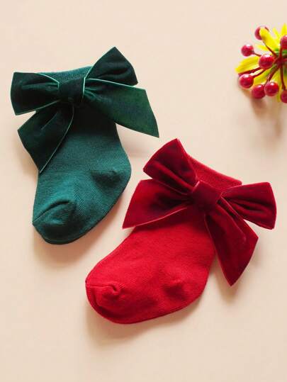 2 双/批 女婴蝴蝶结短袜 可爱柔软儿童短袜 儿童落地纯色公主风格袜子 圣诞袜 适合 0-3 岁 红色 绿色