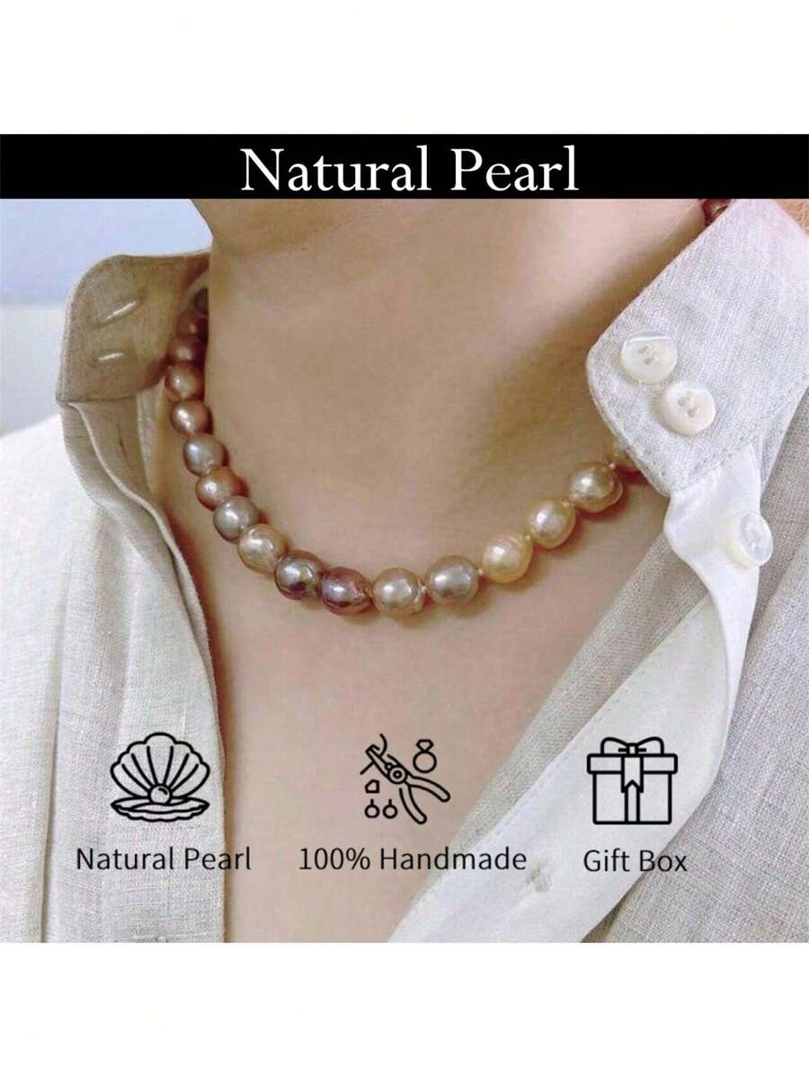 MYSOYA 100% Handmade Natural Purple & Pink Baroque Pearl Necklace, 10-12mm Real Pearl Necklace With Gold Clasp, Gift Box Included, Unisex Jewelry, Gift For Him/Her, Suitable For Daily Wear, Birthday, Anniversary, Wedding, Valentine's Day, Christmas, New Year - Necklace - View 1