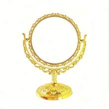 1pc Dual-Sided Rotating Tabletop Mirror - Retro Faux Gold/Silver Vanity Makeup Mirror With Decorative Trim Best Home Decor Back To School Room Decor School Supplies - Gold - View 2