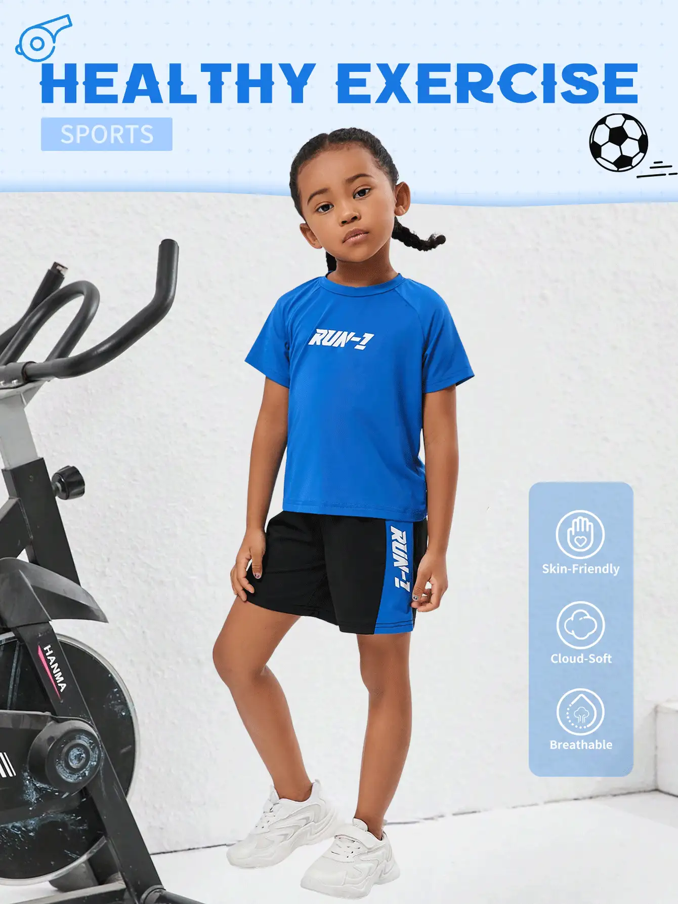 2pcs/Set Young Girl Letter Print Football Sports Outfit - Blue - View 2