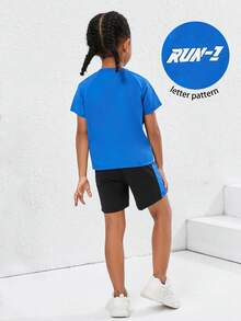 2pcs/Set Young Girl Letter Print Football Sports Outfit - Blue - View 3