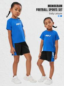 2pcs/Set Young Girl Letter Print Football Sports Outfit - Blue - View 4