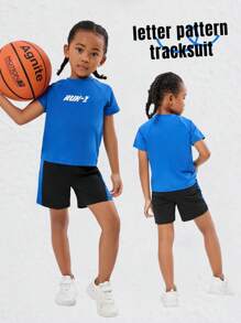 2pcs/Set Young Girl Letter Print Football Sports Outfit - Blue - View 1