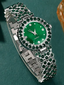 6pcs Women's Quartz Watch, Luxury & Fashion Cubic Zirconia Decorated Watch, Bracelet, Necklace, Earring & Ring Alloy Jewelry Set