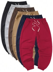 6pcs Spring & Autumn New Solid Color Elastic Waist Drawstring Men Jogger Sweatpants, Straight Leg Trousers