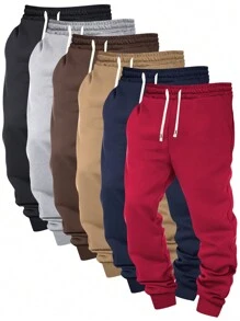 6pcs Spring & Autumn New Solid Color Elastic Waist Drawstring Men Jogger Sweatpants, Straight Leg Trousers