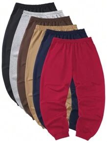 6pcs Spring & Autumn New Solid Color Elastic Waist Drawstring Men Jogger Sweatpants, Straight Leg Trousers
