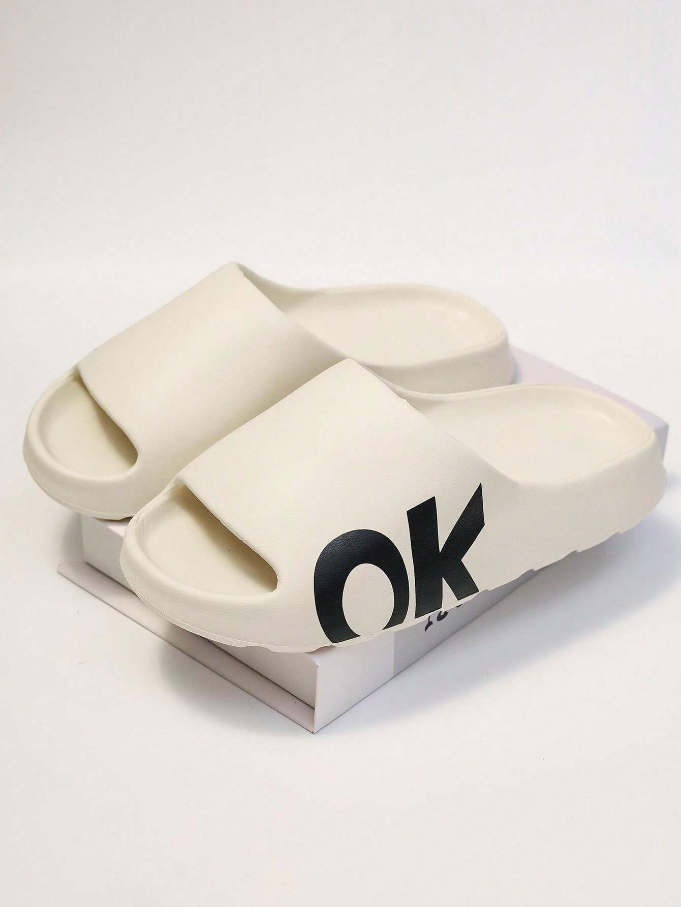 Plus Size Men Simple Letter Print Flat Thick Sole Slide Sandals for