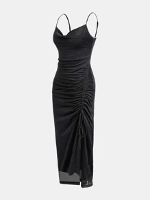 Women's Shiny Drawstring Asymmetric Ruffle Trim Slip Dress Party Dress Wedding Guest Dress - Black - View 5