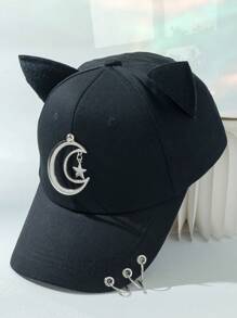 1pc Metal Chain Cat Ear Baseball Cap, Playful & Y2K Style Halloween - Black - View 3
