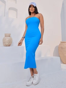 Women's Strapless Midi Dress With Side Slit Gringa Fabric Ana Ruga - 藍色 - 查看 4