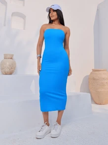 Women's Strapless Midi Dress With Side Slit Gringa Fabric Ana Ruga - 藍色 - 查看 3