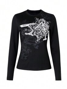 تي شيرت تيشيرت أكمام طويلة بياقة طاقم لنساء، طراز كاجوال ملائم، لون أحادي مطبوع بطراز عتيق