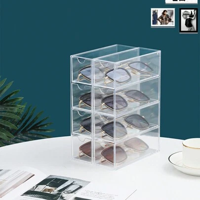 Sunglasses Case With 4 Clear Divided Drawers Stackable Spectacle Storage Box For Eyeglasses Cosmetic Tabletop Display Use Horizontally Or Vertically