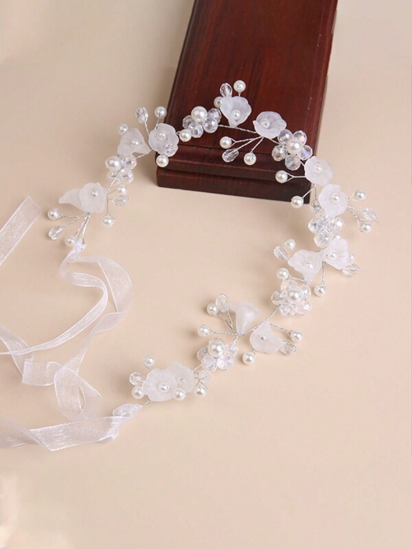 1 件儿童白色花朵皇冠头饰，女童公主舞蹈表演发饰