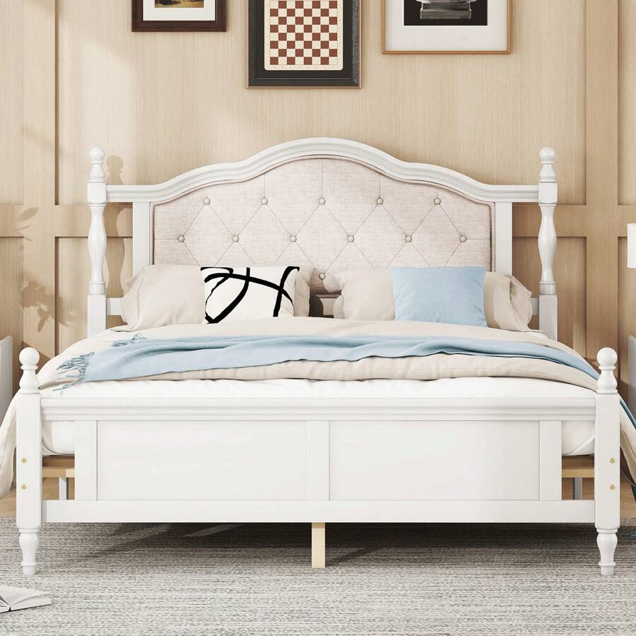 Pine Wood Bed With Upholstered Headboard And Panel Footboard, Includes