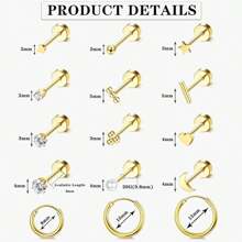 30pcs Small Hypoallergenic Flat Back Earrings, 14K Gold Plated Surgical Stainless Steel Earring Set, Unisex Screw Back Cartilage Earrings