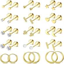 30pcs Small Hypoallergenic Flat Back Earrings, 14K Gold Plated Surgical Stainless Steel Earring Set, Unisex Screw Back Cartilage Earrings